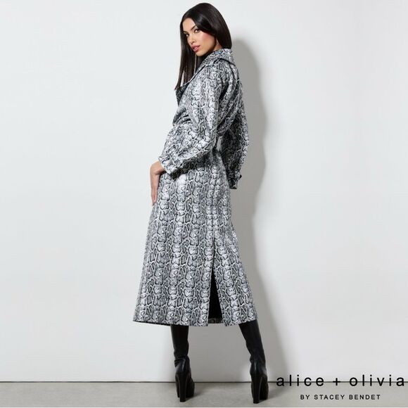 Alice + Olivia **NWT** Jarrett Vegan Leather Trench In Off White/Black Python - Picture 6 of 7